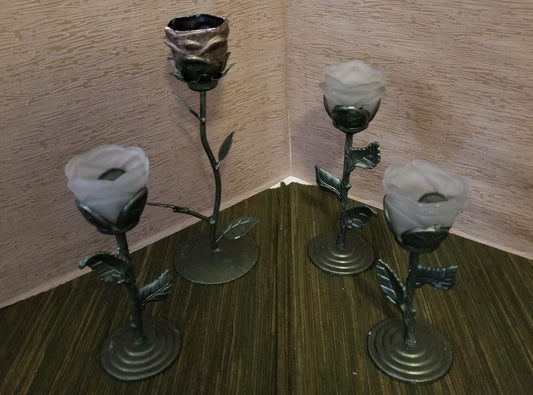 4 metal floral candle stands