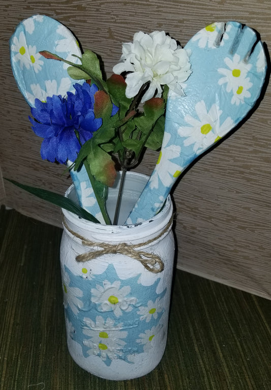 Floral Mason jar with utinsels