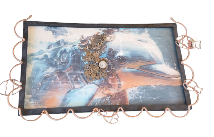 Steampunk dolphin art in frame