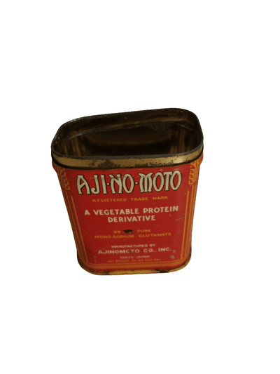 AjiNo - Moto spice tin - The Creative Shed - Close-up of Aji-No-Moto logo on metal spice container