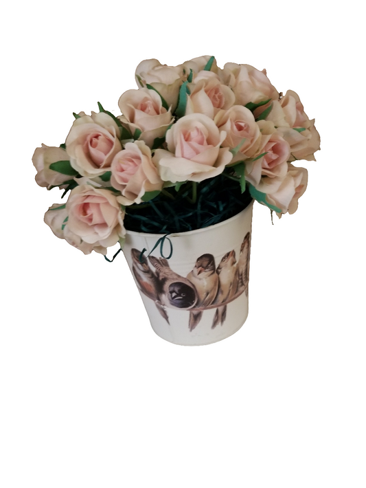 Metal pail decor with roses