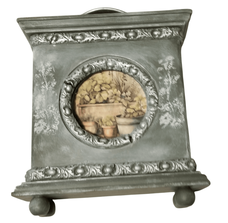 Blue clock frame decor - The Creative Shed - The Creative Shed - A blue clock frame decor with a decorative centerpiece depicting a basket of fruits. - 