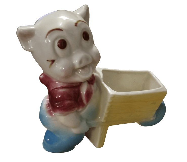 Ceramic pig planter -Cartoon-style ceramic pig holding a small planter cart - The Creative Shed - 