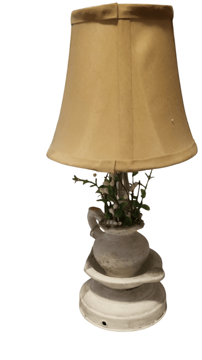 Ceramic Pitcher desk lamp - The Creative Shed - The Creative Shed - A beige ceramic pitcher desk lamp with a light bulb, repainted and featuring a plant decoration inside the lamp. - 