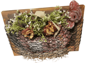 Chicken decor with stand - The Creative Shed - The Creative Shed - A decorative chicken - shaped basket with dried apple rose flowers and a wire stand, mounted on a frame backing. - 