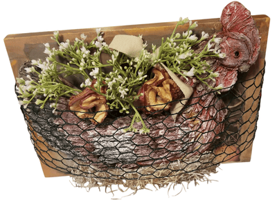 Chicken decor with stand - The Creative Shed - The Creative Shed - A decorative chicken - shaped basket with dried apple rose flowers and a wire stand, mounted on a frame backing. - 