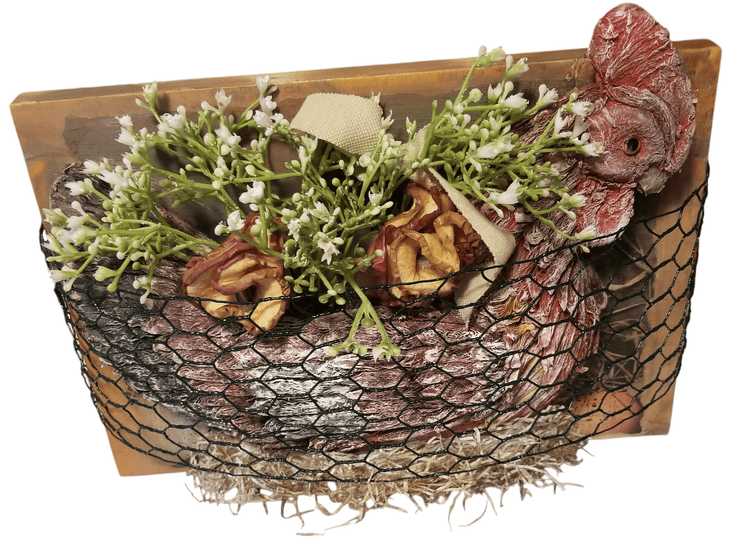 Chicken decor with stand - The Creative Shed - The Creative Shed - A decorative chicken - shaped basket with dried apple rose flowers and a wire stand, mounted on a frame backing. - 
