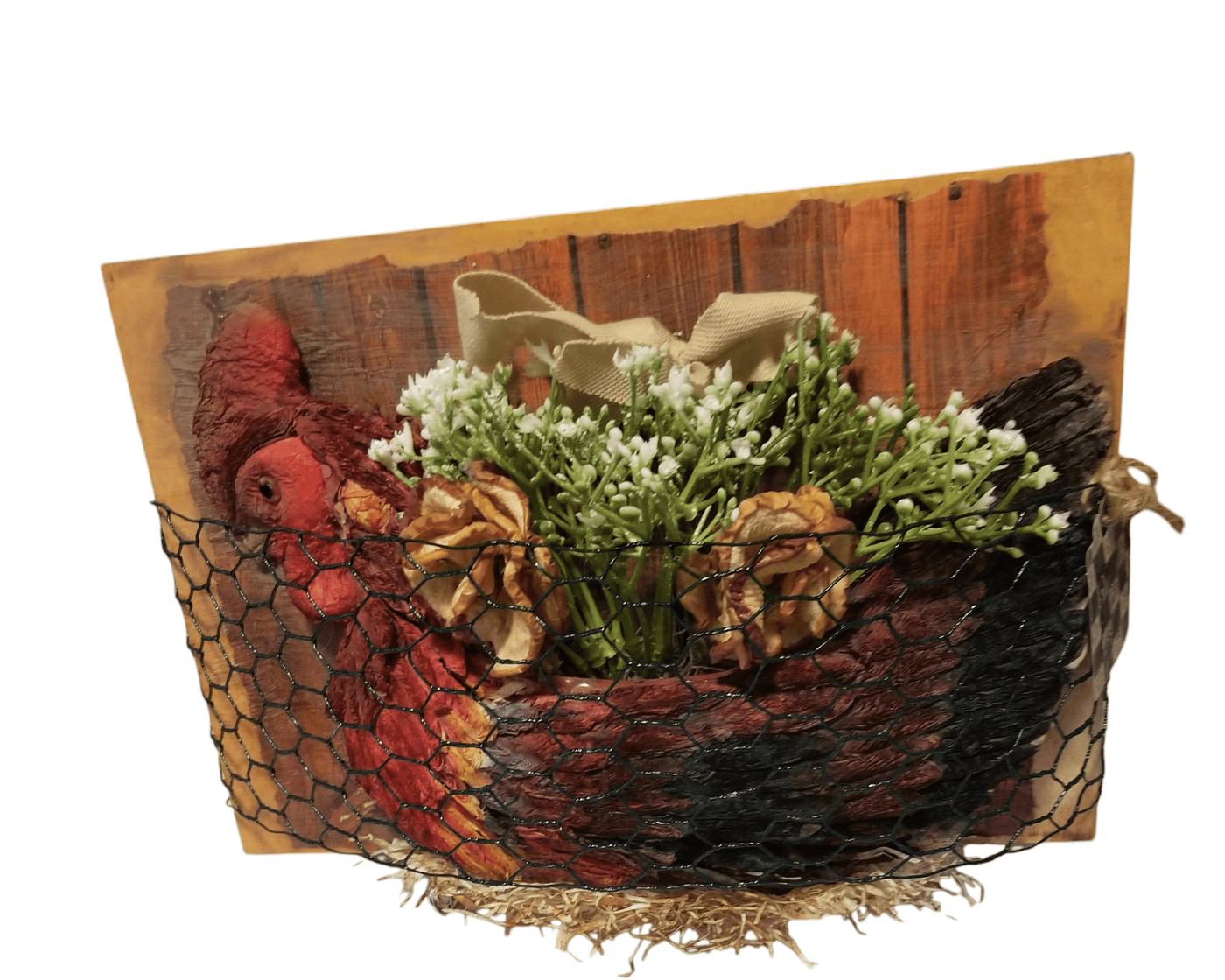 Chicken decor with stand - The Creative Shed - The Creative Shed - A decorative chicken - shaped basket with dried apple rose embellishments, featuring a rustic brown color scheme and chicken wire basket design. - 