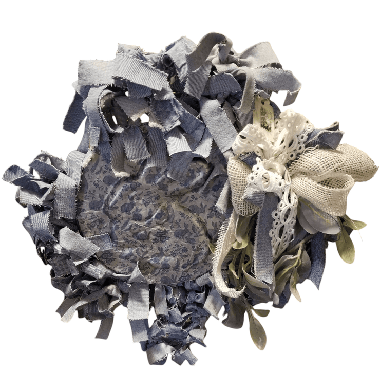 Denim wreath with Rabbit center - The Creative Shed - The Creative Shed - A denim wreath with a rabbit center, adorned with ribbons and faux foliage. - 