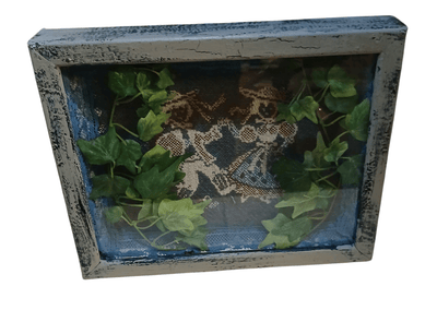 Dutch artwork in frame - The Creative Shed - The Creative Shed - Decorative shadow box with green leaves and a patterned fabric inside, framed in rustic wood. - 