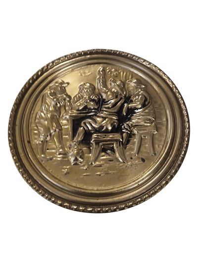 Embossed brass wall decor/bed warmer - The Creative Shed - The Creative Shed - Decorative gold plate with a circular design on a white background - 