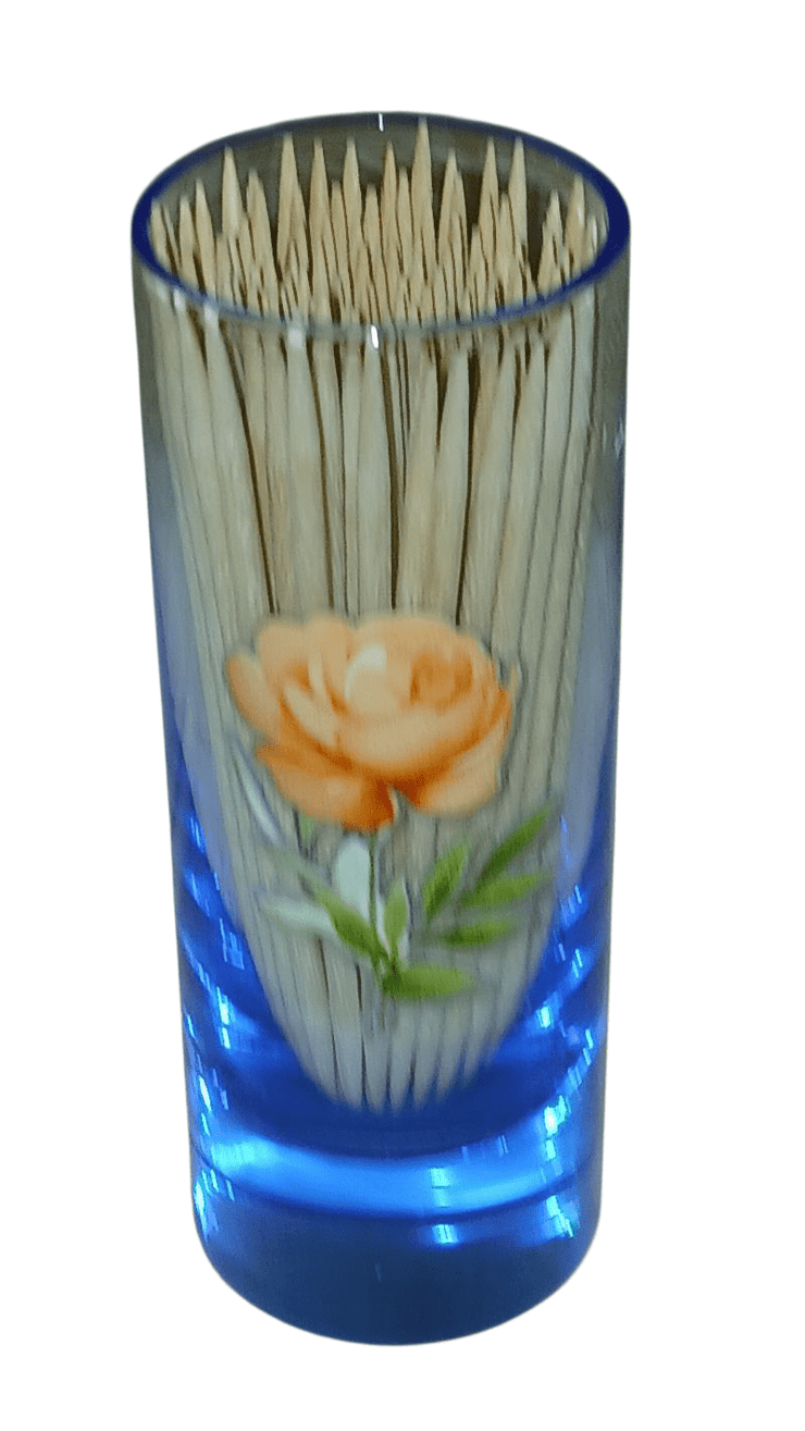 Glass blue shot glass with toothpicks - The Creative Shed - The Creative Shed - Tall glass container with toothpicks and a rose design, illuminated by blue LED lights. - 