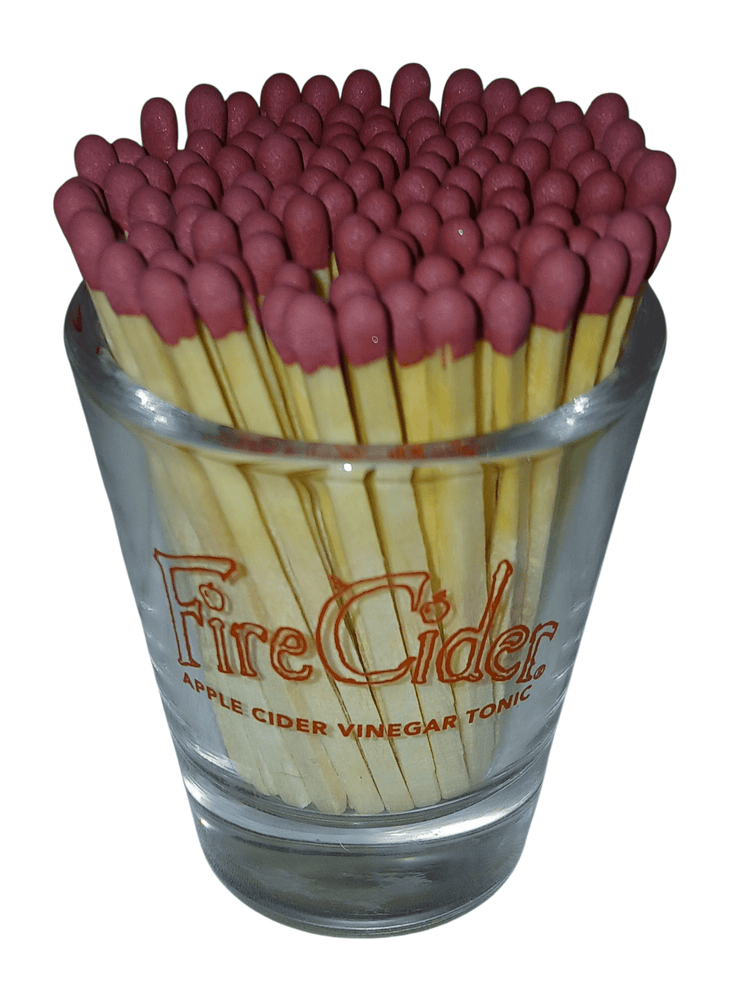 Glass Fire Cider shot glass with matches - The Creative Shed - The Creative Shed - Glass filled with red matches labeled &