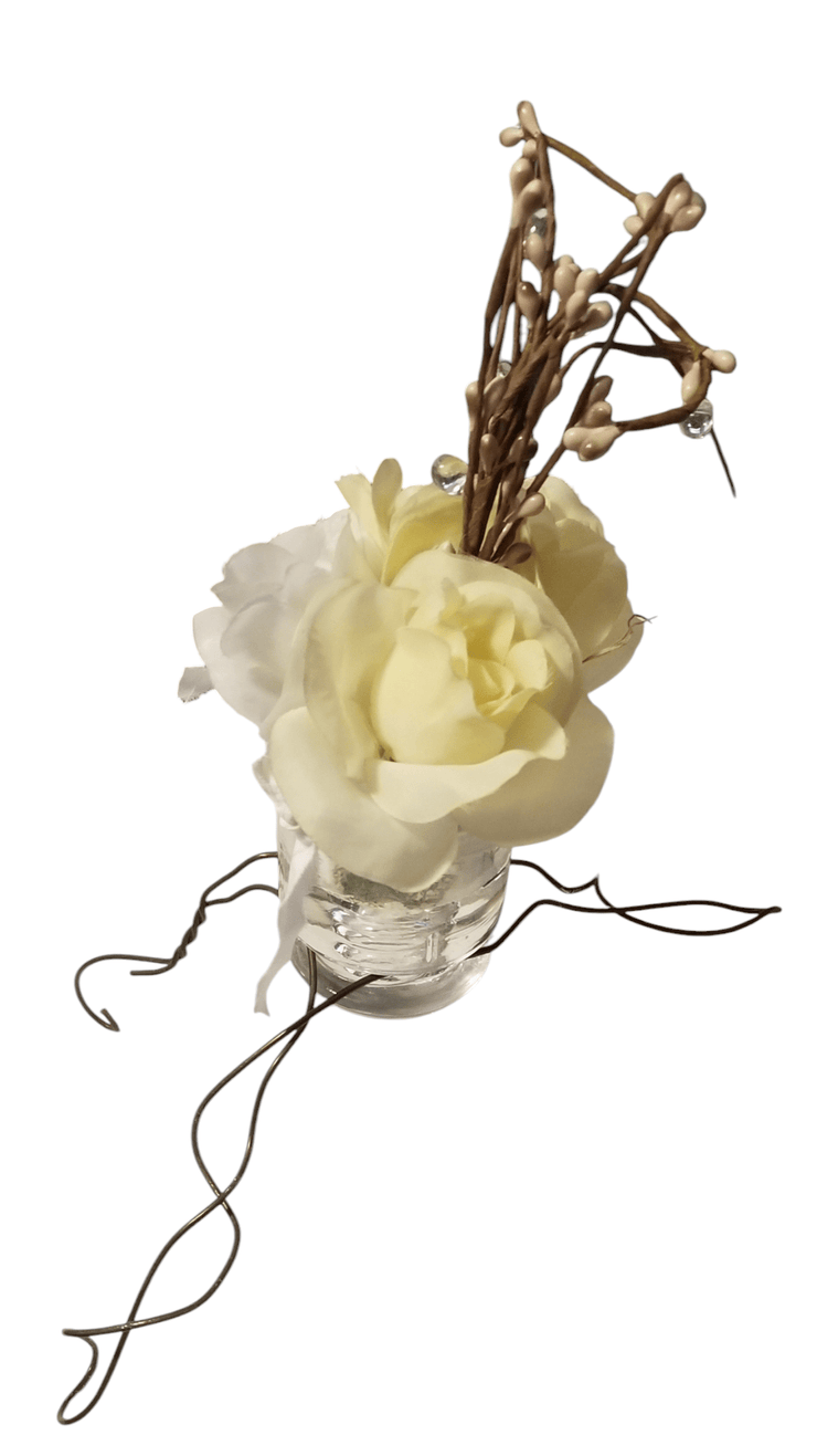 Insulator floral decor - The Creative Shed - The Creative Shed - A clear glass insulator with floral decor, featuring a wire stand and a beige artificial rose, against a white background. - 