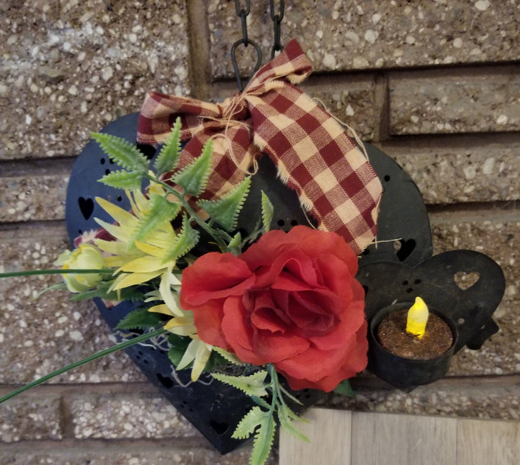 Metal heart lighted decor - The Creative Shed - The Creative Shed - A decorative metal heart - shaped planter with a artificial greenery and red rose, featuring a checkered bow and a lighted candle. - 
