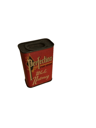 Perfection whole Nutmeg tin - The Creative Shed - Close-up of Perfection Nutmeg branding on metal spice tin
