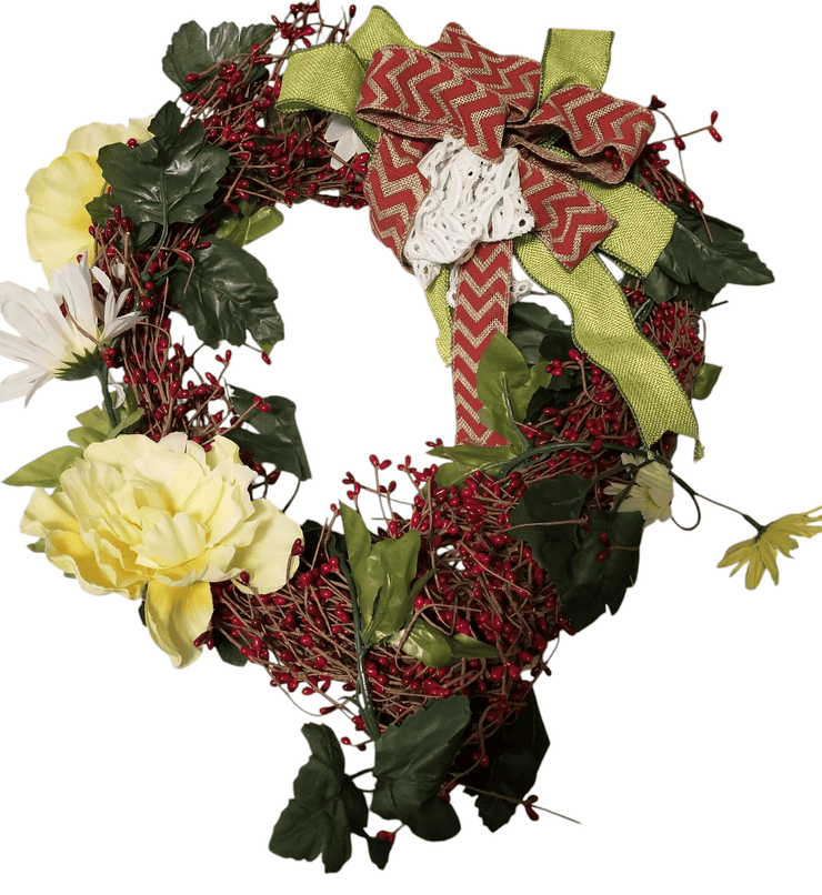Red Berry Heart wreath with Florals - The Creative Shed - The Creative Shed - A heart - shaped wreath with a variety of faux flowers, green leaves, red berries, and decorative red and white ribbons. - 