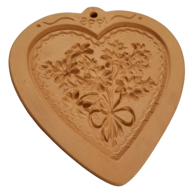 Terra Cotta Cookie Mold/ Heart with flowers - The Creative Shed - The Creative Shed - A terracotta cookie mold in the shape of a heart with a floral pattern. - 