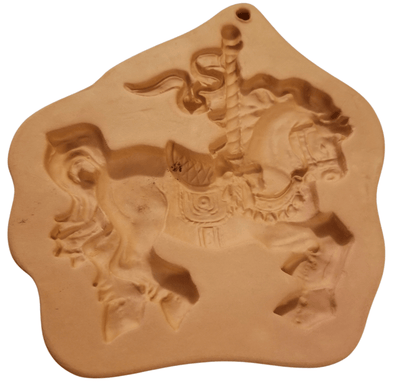 Terra Cotta Cotton Press Mold/ Carousel Horse - The Creative Shed - The Creative Shed - A beige terracotta cookie press mold in the shape of a carousel horse. - 