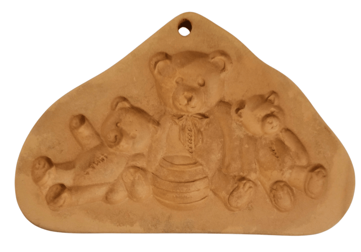 Terra Cotta Cotton Press Mold / Teddy Bears - The Creative Shed - The Creative Shed - A terracotta colored cotton press mold featuring a design of three teddy bears. - 