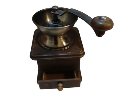 Vintage Coffee Grinder - The Creative Shed - The Creative Shed - Vintage - style coffee grinder with wooden base and metal bowl on a white background - 